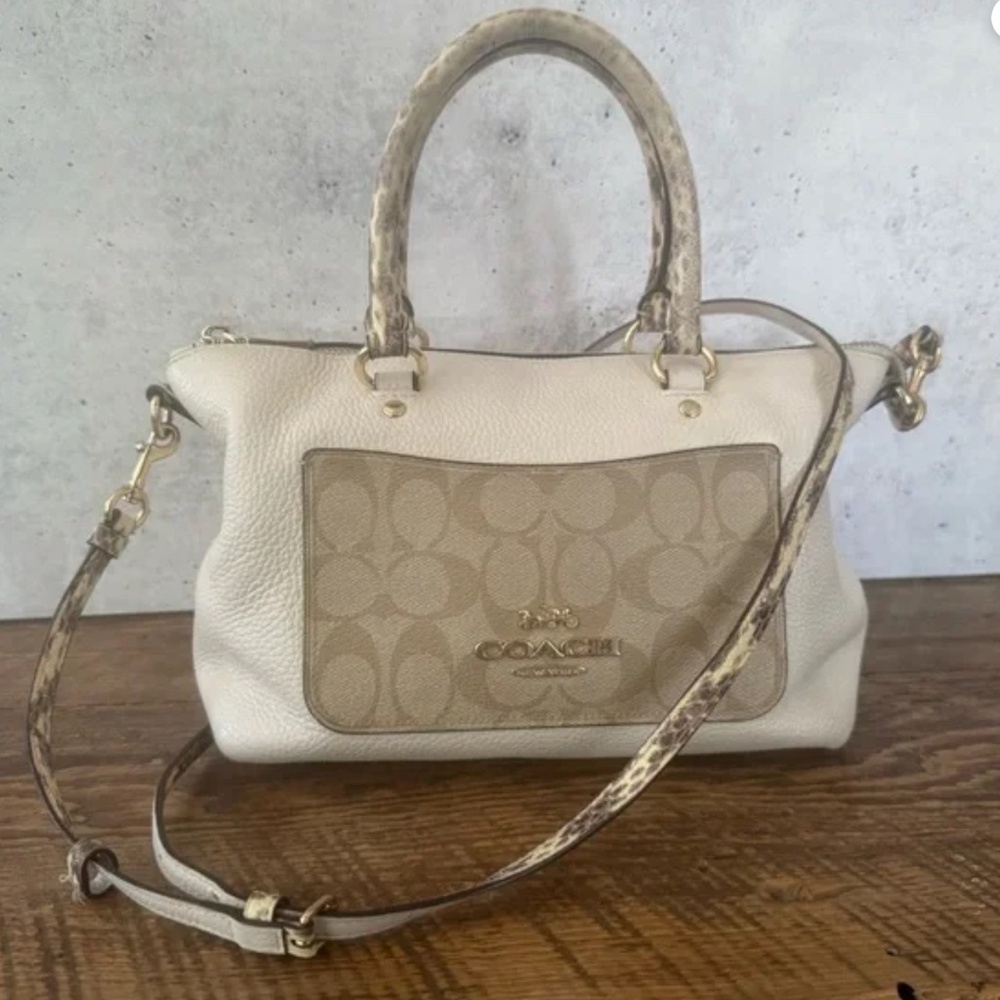 Coach Emma Mini Python Cream and Tan Crossbody Strap and Leather Satchel EUC - Picture 2 of 9